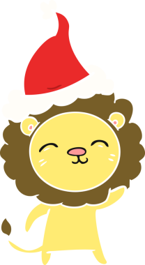 Bir insan tarafından çizilmiş Noel Baba şapkası takan bir aslanın düz renkli çizimi.