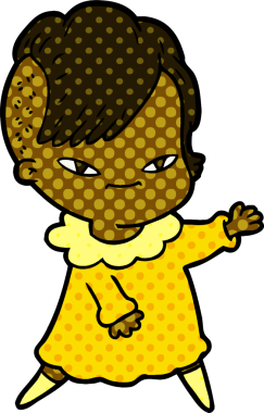 Bir insan tarafından çizilmiş hippi saç kesimli sevimli bir çizgi film kızı.