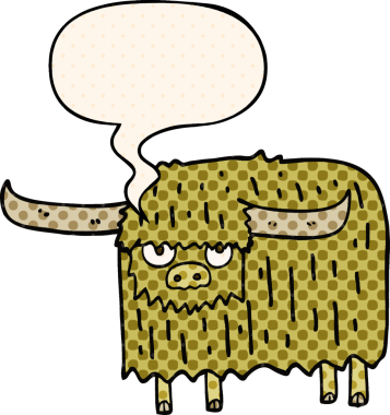 Bir insan tarafından çizilmiş çizgi roman tarzında konuşan kıllı inek.