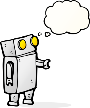 Bir insan tarafından çizilmiş düşünce baloncuklu çizgi film robotu