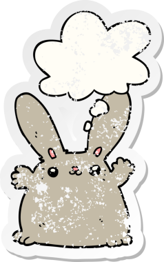 Düşünce baloncuğu olan çizgi film tavşanı insan tarafından çizilmiş yıpranmış bir çıkartma.