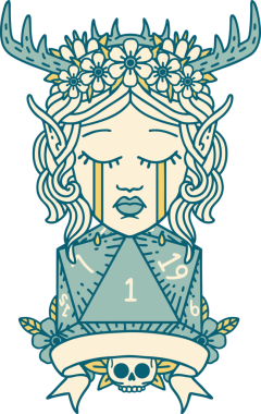 Retro Dövme Tarzı Üzgün Elf Karakteri Yüzü Doğal bir D20 ruloyla Bir insan tarafından çizilmiş