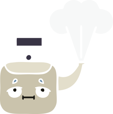 Bir insan tarafından çizilen dumanı tüten bir çaydanlığın düz renkli retro karikatürü