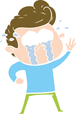 Düz renkli çizgi film karakteri bir insan tarafından çizilmiş ağlayan adam.