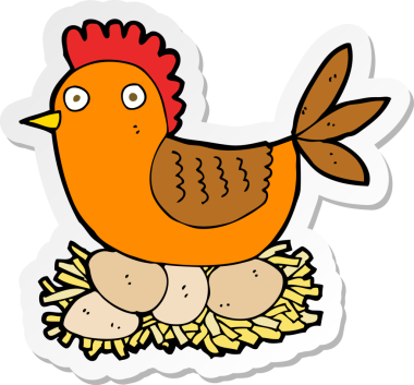 Bir insan tarafından çizilmiş yumurtaların üzerine çizgi film tavuğu yapıştırması.