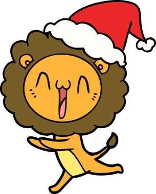 Bir insan tarafından çizilmiş Noel Baba şapkası takan bir aslanın çizdiği mutlu el çizgisi.