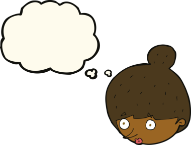 Bir insan tarafından çizilen düşünce baloncuğuyla kadının yüzünü şaşırtan çizgi film.