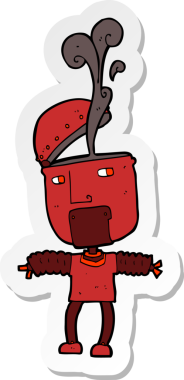 Bir insan tarafından çizilmiş açık kafalı komik bir robot çizgi film çıkartması.