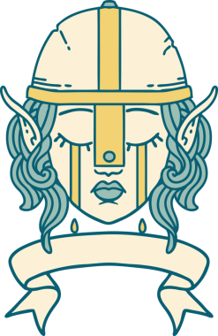 Retro Dövme Tarzı Ağlayan Elf Savaşçısı karakteri bir insan tarafından çizilmiş pankartıyla