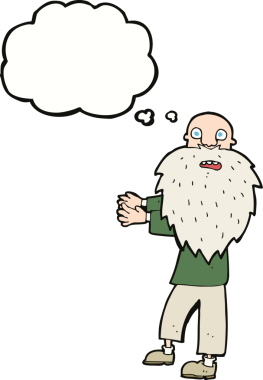 Karikatür sakallı yaşlı adam. Düşünce baloncuğu insan tarafından çizilmiş.