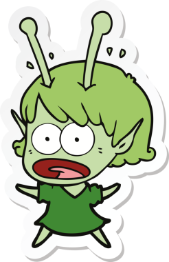 Bir insan tarafından çizilmiş uzaylı bir kızın karikatür çıkartması.