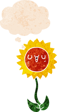 Düşünce baloncuğu ve grunge desenli karikatür çiçeği bir insan tarafından çizilmiş.