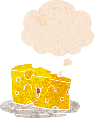 Düşünce baloncuklu tatlı çizgi film peyniri grunge sıkıntılı retro desenli bir insan tarafından çizilmiş