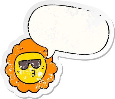 Konuşma baloncuğu olan çizgi film ayçiçeği bir insan tarafından çizilmiş sıkıntılı eski bir çıkartma