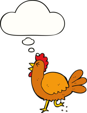 Bir insan tarafından çizilmiş düşünce kabarcığı olan çizgi film horozu.