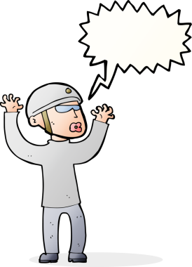 Bir insan tarafından çizilen konuşma baloncuğuyla panikleyen bir güvenlik görevlisi.