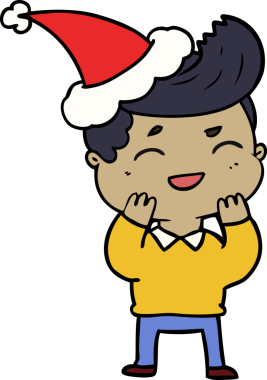 Bir insan tarafından çizilmiş Noel Baba şapkasıyla gülen bir adamın el çizimi.