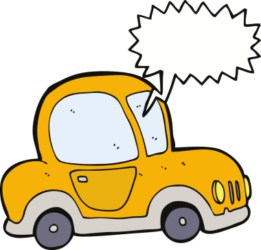 Bir insan tarafından çizilmiş, konuşma balonu olan bir çizgi film arabası.