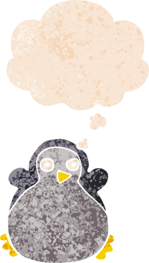 Düşünce baloncuğu olan karikatür pengueni bir insan tarafından çizilmiş dertli retro desenli.