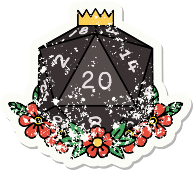Bir insan tarafından çizilmiş çiçek elementleriyle 20 D20 zarının grunge sticker 'ı.