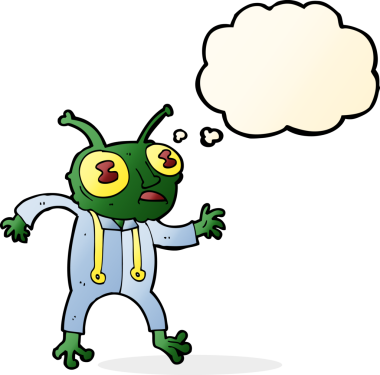 Bir insan tarafından çizilmiş düşünce baloncuğu olan uzaylı uzay adamı çizgi filmi.