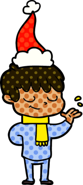 Bir insan tarafından çizilmiş Noel Baba şapkası giyen mutlu bir çocuğun el çizimi çizgi roman tasviri.