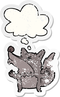 Düşünce baloncuğuyla uluyan bir kurtadam insan tarafından çizilmiş yıpranmış bir çıkartma gibi.