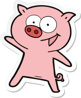 Bir insan tarafından çizilmiş neşeli bir domuz çizgi filminin çıkartması.