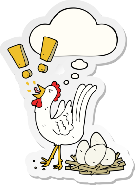 Çizgi film tavuğu, insan tarafından çizilmiş bir çıkartma olarak düşünce baloncuğu ile yumurtluyor.