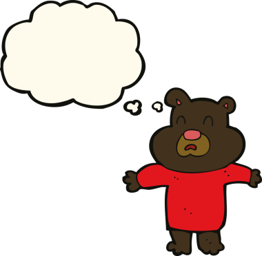 Bir insan tarafından çizilmiş düşünce baloncuğu olan mutsuz kara ayı çizgi filmi.