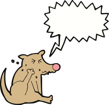 Bir insan tarafından çizilmiş konuşma baloncuğuyla kaşınan çizgi köpek.