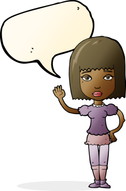 Bir insan tarafından çizilmiş bir konuşma balonuyla el sallayan çizgi film kadını.