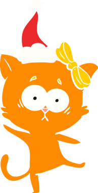 Bir insan tarafından çizilmiş Noel Baba şapkası takan bir kedinin düz renk çizimi.