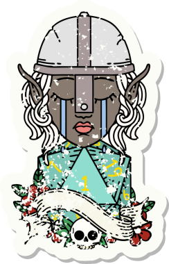 Retro Dövme Tarzı Ağlayan Elf Savaşçısı karakteri yüzü ve bir insan tarafından çizilmiş D20 rulosu.