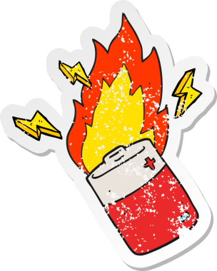 Bir insan tarafından çizilmiş yanan bir bataryanın retro sıkıntılı çıkartması.