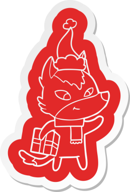 Bir insan tarafından çizilmiş Noel Baba şapkası giymiş bir Noel Kurdu 'nun dostça bir çizgi film çıkartması.