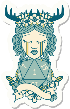 Ağlayan bir insan Druid 'inin çıkartması D20 doğal bir rulo insan tarafından çizilmiş.