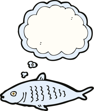 Bir insan tarafından çizilmiş düşünce baloncuklu çizgi film balığı.