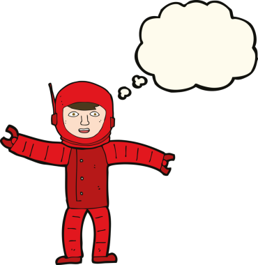 Bir insan tarafından çizilmiş düşünce balonlu bir uzay adamı.