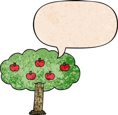 bir insan tarafından çizilmiş eski moda konuşma baloncuklu çizgi film elma ağacı