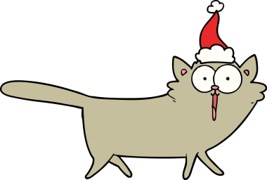 Bir insan tarafından çizilmiş Noel Baba şapkası takan bir kedinin çizimi.