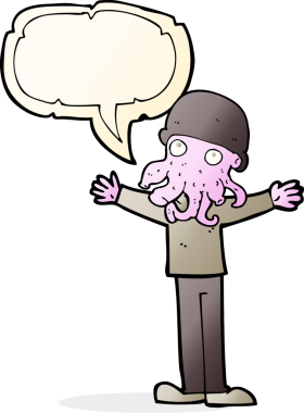 Bir insan tarafından çizilmiş konuşma balonlu uzaylı mürekkep balığı suratlı adam.