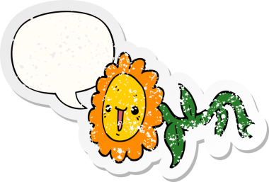 Konuşma baloncuğu olan karikatür çiçeği bir insan tarafından çizilmiş sıkıntılı eski bir çıkartma