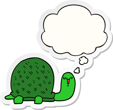 Bir insan tarafından çizilmiş bir çıkartma olarak düşünce baloncuğu olan sevimli çizgi film kaplumbağası.