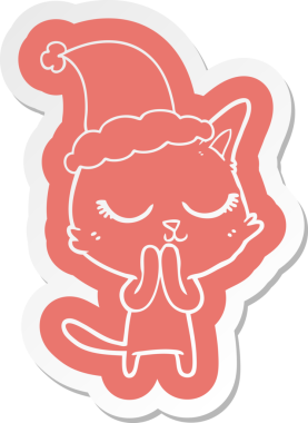 Bir insan tarafından çizilmiş Noel Baba şapkası takan bir kedinin garip çizgi film çıkartması.