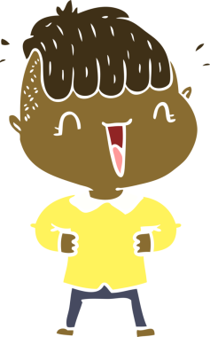 Düz renkli çizgi film. Mutlu çocuk bir insan tarafından çizilmiş.