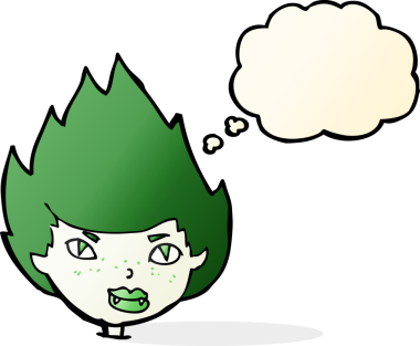 Bir insan tarafından çizilmiş düşünce balonlu vampir kafası.