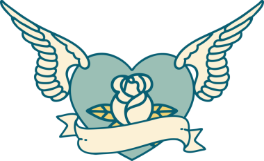 Bir insan tarafından çizilmiş çiçek ve bayrak ile uçan bir kalbin ikonik dövme görüntüsü