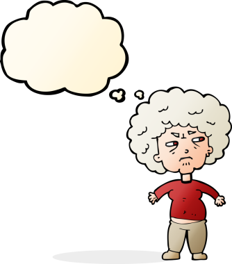 Bir insan tarafından çizilmiş düşünce baloncuğuyla yaşlı bir kadını rahatsız eden çizgi film.