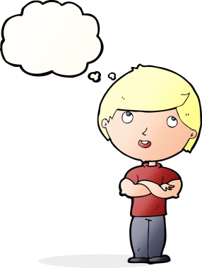 Bir insan tarafından çizilmiş düşünce baloncuğu olan katlanmış kollu mutlu adam çizgi filmi.